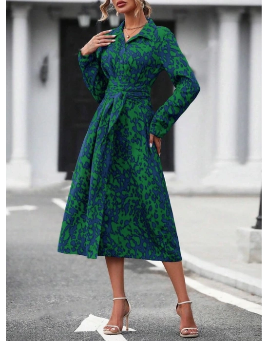 Kadın Uzun Kollu Yakalı önden Düğmeli Beli Kuşaklı Uzun Süprem Elbise