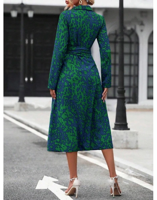 Kadın Uzun Kollu Yakalı önden Düğmeli Beli Kuşaklı Uzun Süprem Elbise