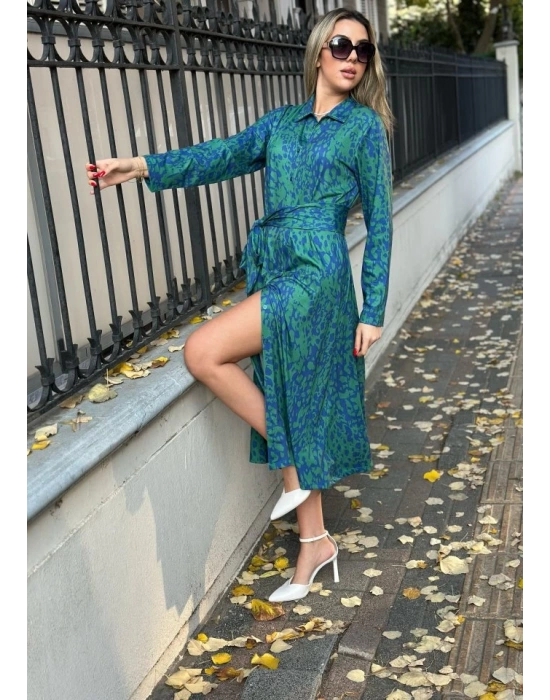 Kadın Uzun Kollu Yakalı önden Düğmeli Beli Kuşaklı Uzun Süprem Elbise