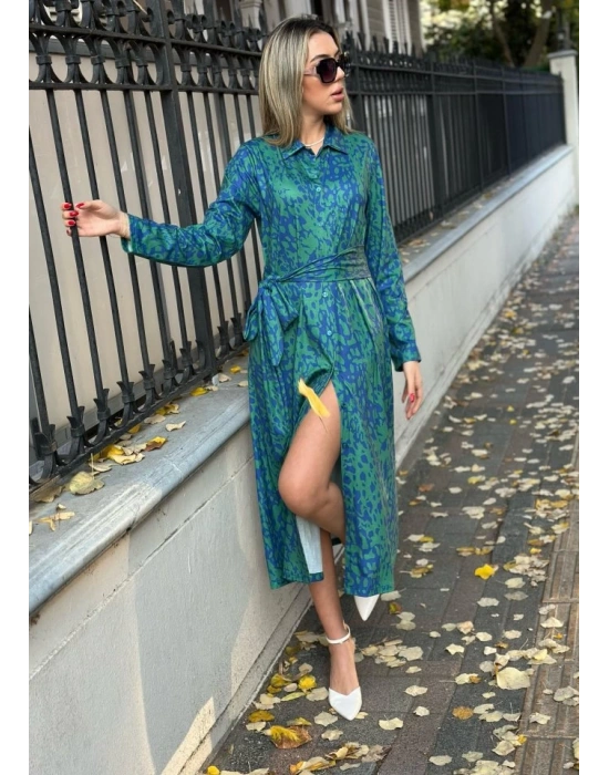 Kadın Uzun Kollu Yakalı önden Düğmeli Beli Kuşaklı Uzun Süprem Elbise