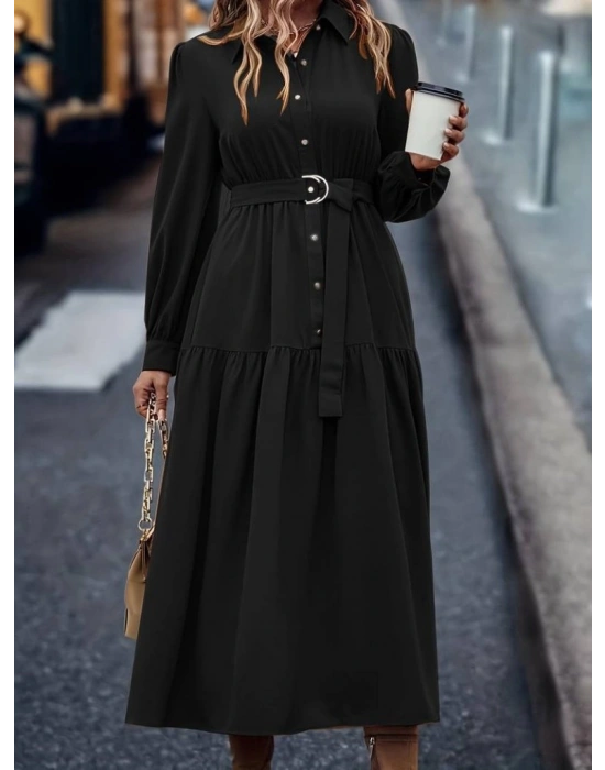 Kadın Uzun Kollu Yakalı önden Düğmeli Beli Metal Kemerli Dokuma Maksi Elbise