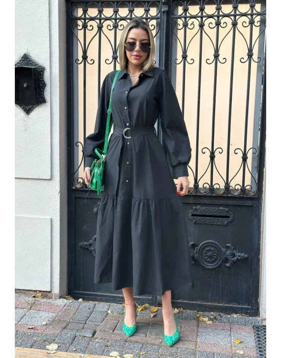 Kadın Uzun Kollu Yakalı önden Düğmeli Beli Metal Kemerli Dokuma Maksi Elbise