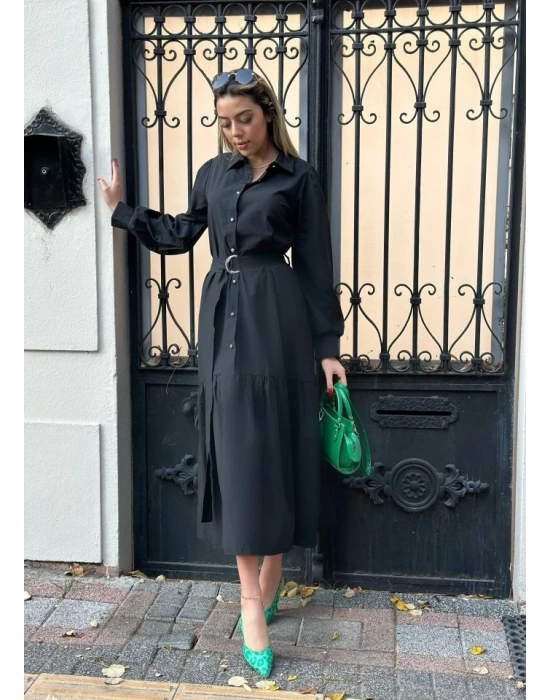 Kadın Uzun Kollu Yakalı önden Düğmeli Beli Metal Kemerli Dokuma Maksi Elbise