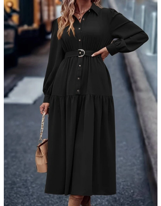 Kadın Uzun Kollu Yakalı önden Düğmeli Beli Metal Kemerli Dokuma Maksi Elbise