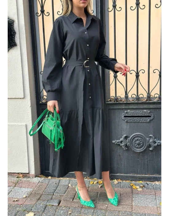 Kadın Uzun Kollu Yakalı önden Düğmeli Beli Metal Kemerli Dokuma Maksi Elbise