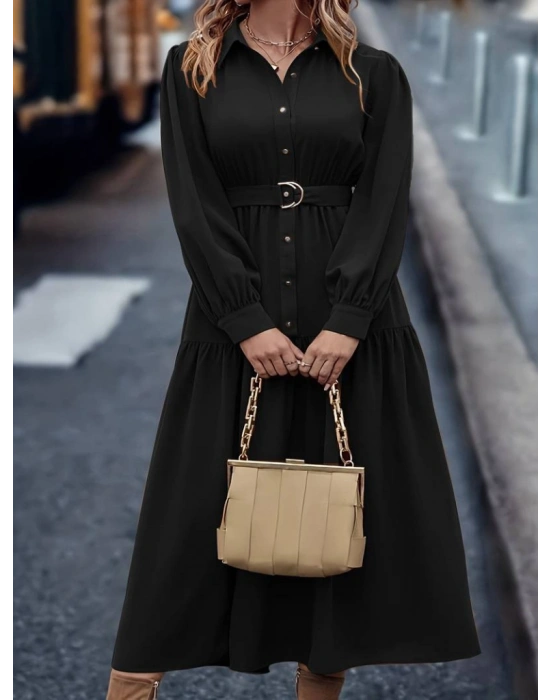 Kadın Uzun Kollu Yakalı önden Düğmeli Beli Metal Kemerli Dokuma Maksi Elbise