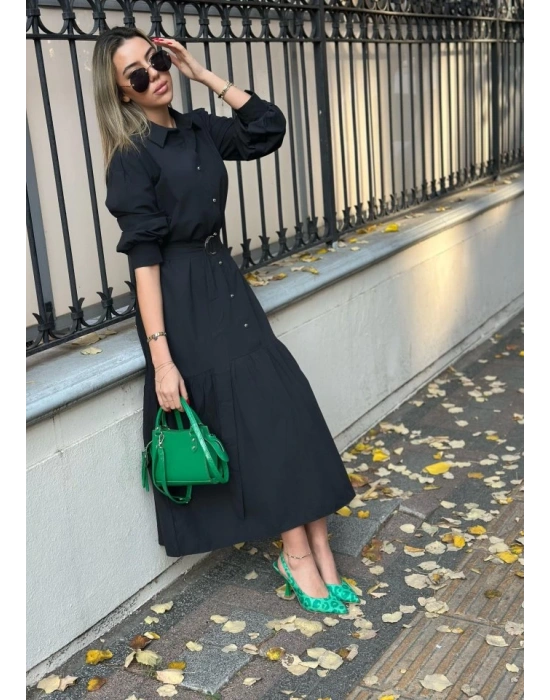 Kadın Uzun Kollu Yakalı önden Düğmeli Beli Metal Kemerli Dokuma Maksi Elbise