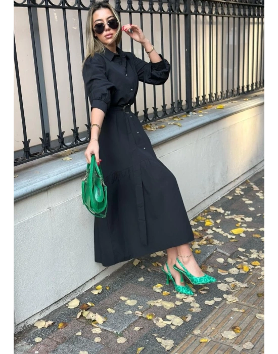 Kadın Uzun Kollu Yakalı önden Düğmeli Beli Metal Kemerli Dokuma Maksi Elbise