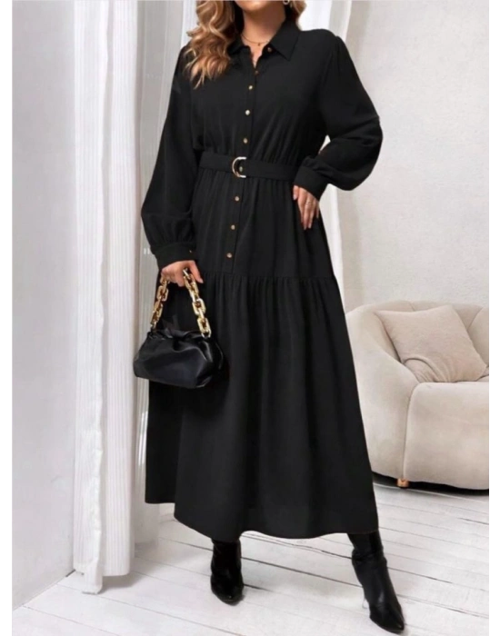 Kadın Uzun Kollu Yakalı önden Düğmeli Beli Metal Kemerli Dokuma Maksi Elbise
