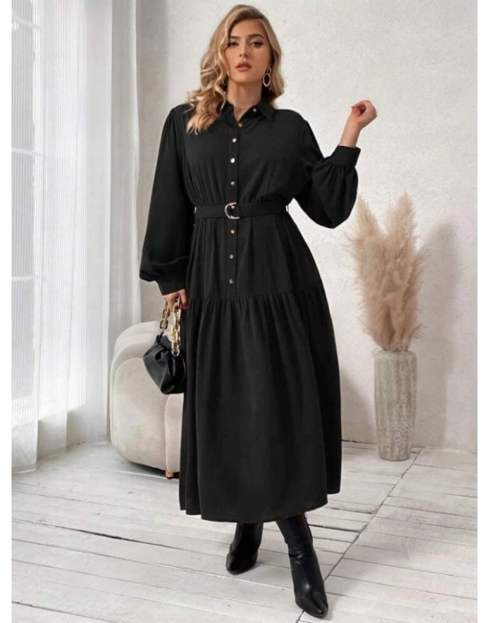 Kadın Uzun Kollu Yakalı önden Düğmeli Beli Metal Kemerli Dokuma Maksi Elbise