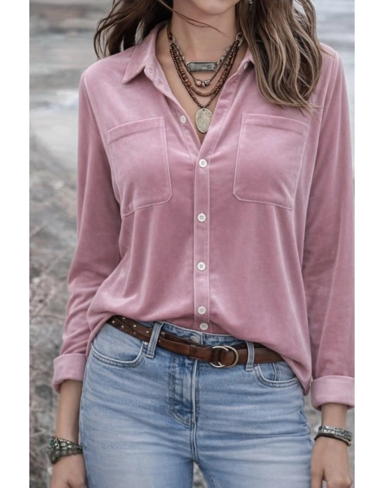 Kadın Uzun Kollu Yakalı önden Düğmeli Cep Detaylı Kadife Gömlek