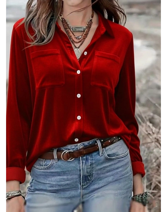 Kadın Uzun Kollu Yakalı önden Düğmeli Cep Detaylı Kadife Gömlek