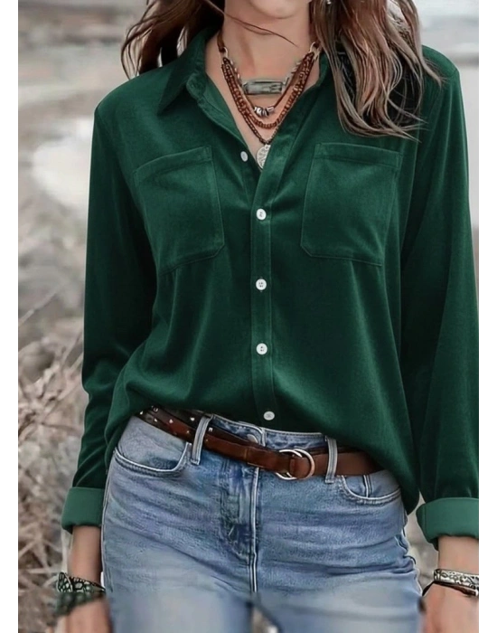 Kadın Uzun Kollu Yakalı önden Düğmeli Cep Detaylı Kadife Gömlek