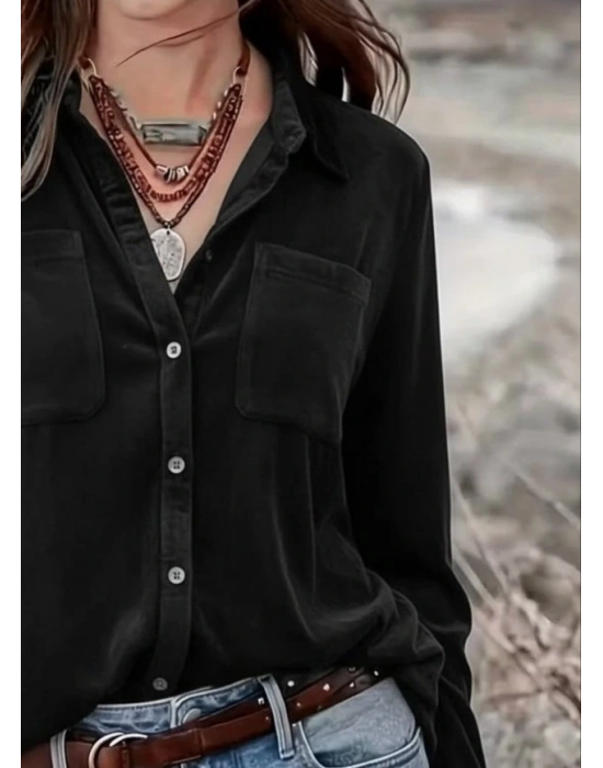 Kadın Uzun Kollu Yakalı önden Düğmeli Cep Detaylı Kadife Gömlek