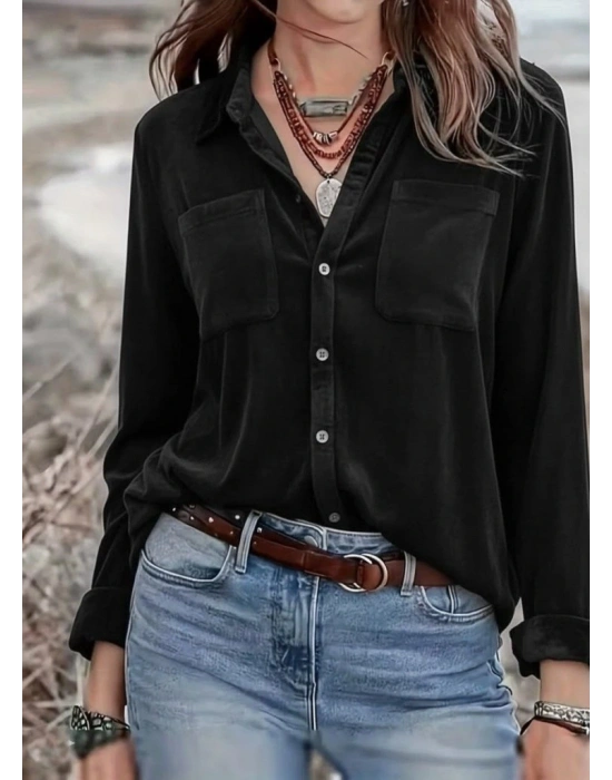 Kadın Uzun Kollu Yakalı önden Düğmeli Cep Detaylı Kadife Gömlek