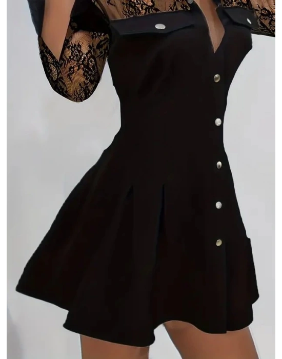 Kadın Uzun Kollu Yakalı önden Düğmeli Cep Detaylı Mini Modal Elbise