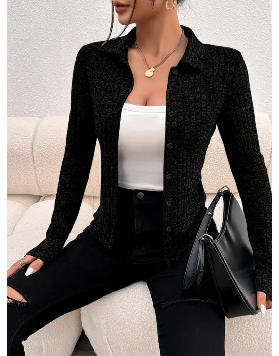 Kadın Uzun Kollu Yakalı önden Düğmeli Kısa Ceket