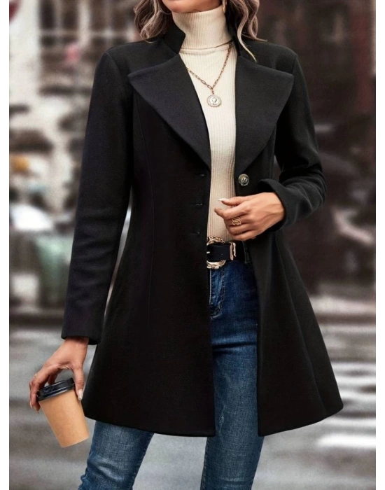 Kadın Uzun Kollu Yakalı önden Düğmeli Kısa Kaşe Kaban