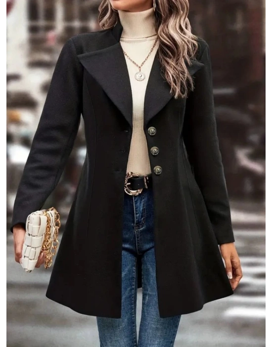 Kadın Uzun Kollu Yakalı önden Düğmeli Kısa Kaşe Kaban