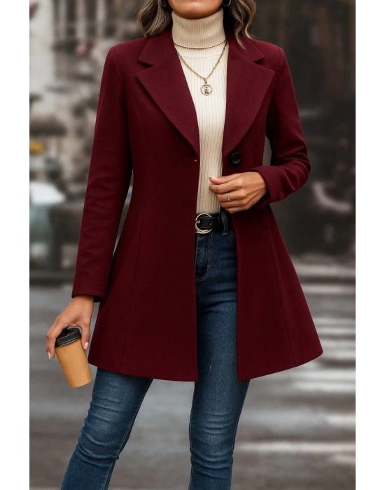 Kadın Uzun Kollu Yakalı önden Düğmeli Kısa Kaşe Kaban