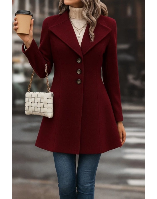 Kadın Uzun Kollu Yakalı önden Düğmeli Kısa Kaşe Kaban