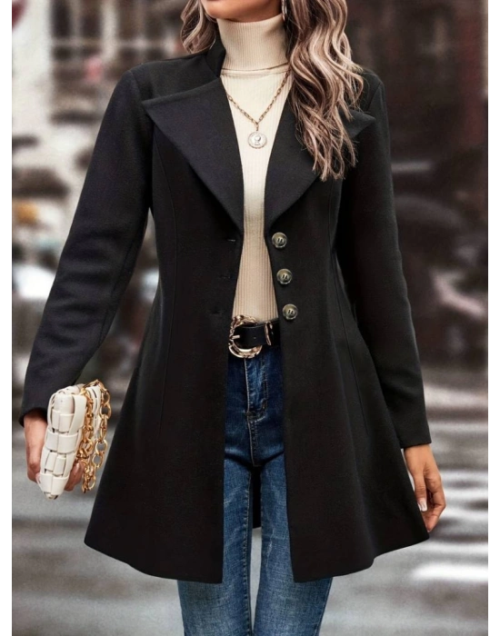 Kadın Uzun Kollu Yakalı önden Düğmeli Kısa Kaşe Kaban