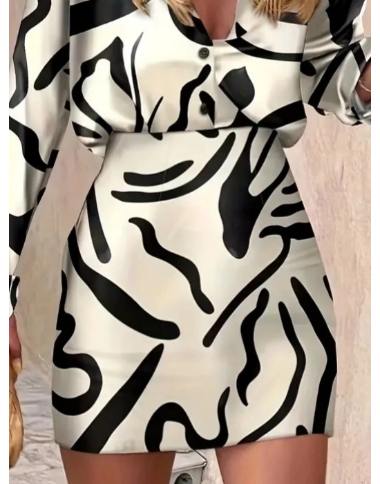 Kadın Uzun Kollu Yakalı önden Düğmeli Kısa Saten Elbise