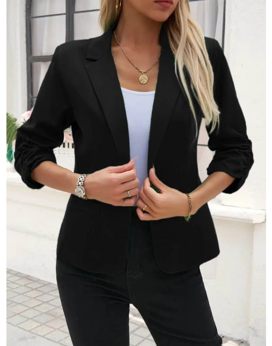 Kadın Uzun Kollu Yakalı önden Düğmeli Kollar Büzgü Detaylı Atlas Ceket