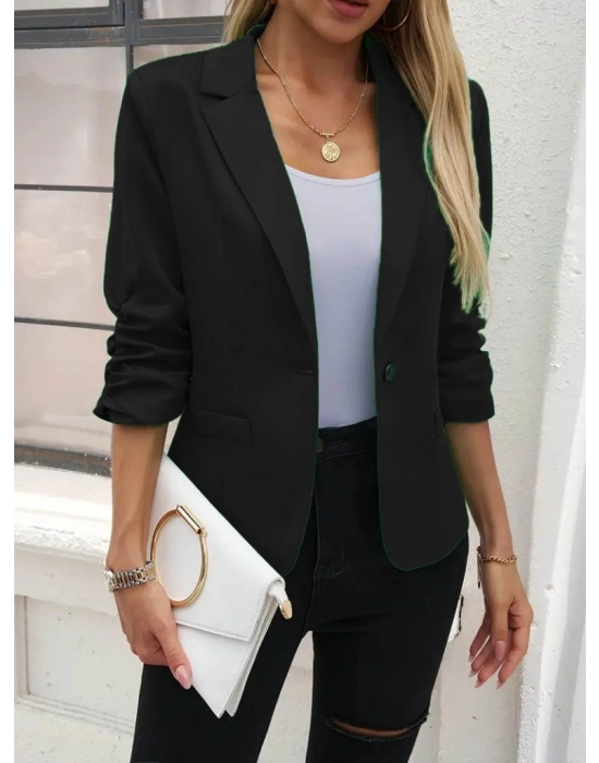 Kadın Uzun Kollu Yakalı önden Düğmeli Kollar Büzgü Detaylı Atlas Ceket