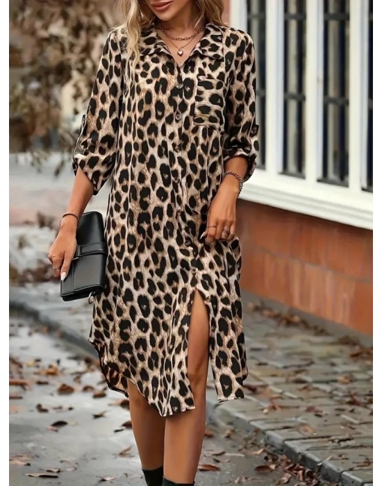 Kadın Uzun Kollu Yakalı önden Düğmeli Leopar Desenli Modal Midi Elbise