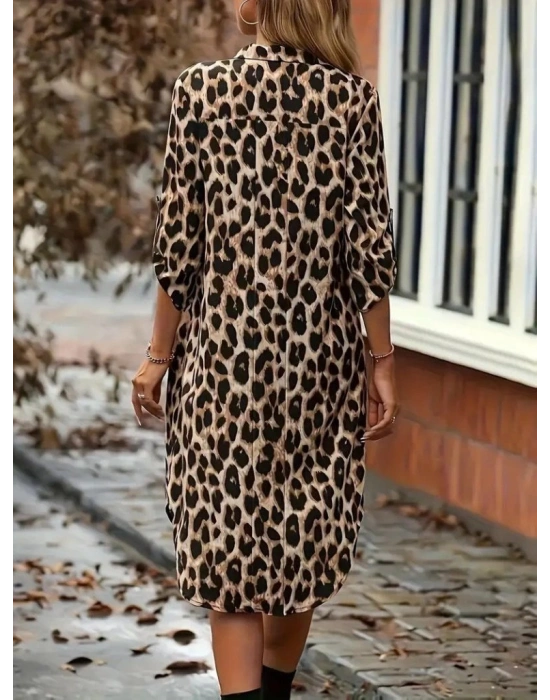 Kadın Uzun Kollu Yakalı önden Düğmeli Leopar Desenli Modal Midi Elbise