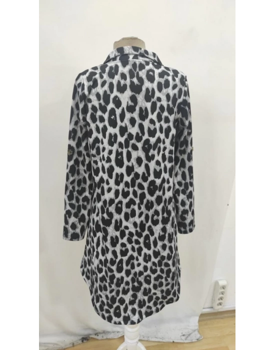 Kadın Uzun Kollu Yakalı önden Düğmeli Leopar Desenli Modal Midi Elbise