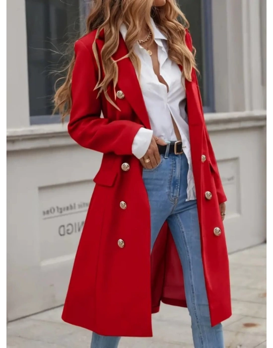 Kadın Uzun Kollu Yakalı önden Düğmeli Midi Kaşe Kaban