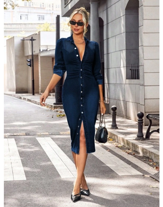 Kadın Uzun Kollu Yakalı önden Düğmeli Midi Kot Elbise