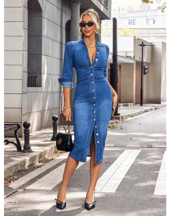 Kadın Uzun Kollu Yakalı önden Düğmeli Midi Kot Elbise