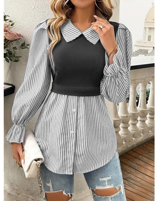 Kadın Uzun Kollu Yakalı önden Düğmeli Ottoman Bluz