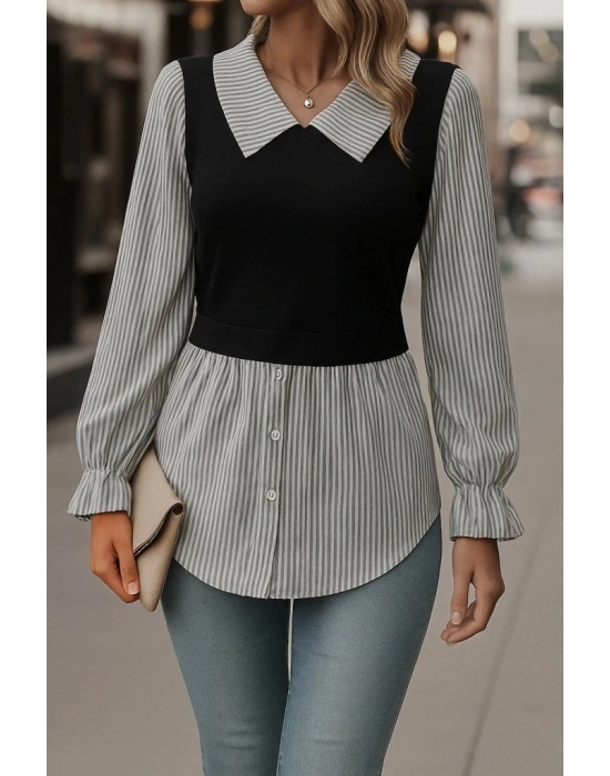 Kadın Uzun Kollu Yakalı önden Düğmeli Ottoman Bluz