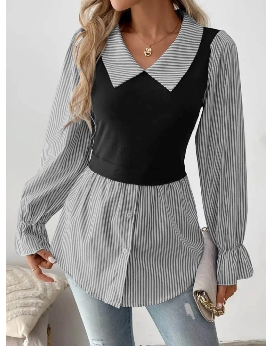 Kadın Uzun Kollu Yakalı önden Düğmeli Ottoman Bluz