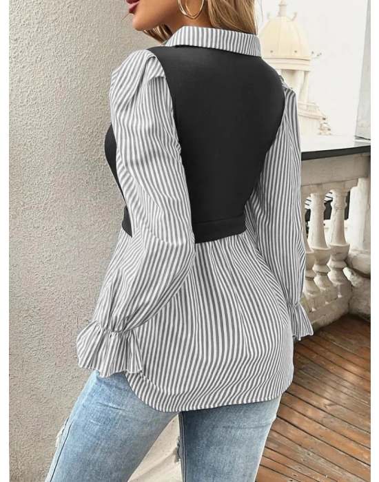 Kadın Uzun Kollu Yakalı önden Düğmeli Ottoman Bluz