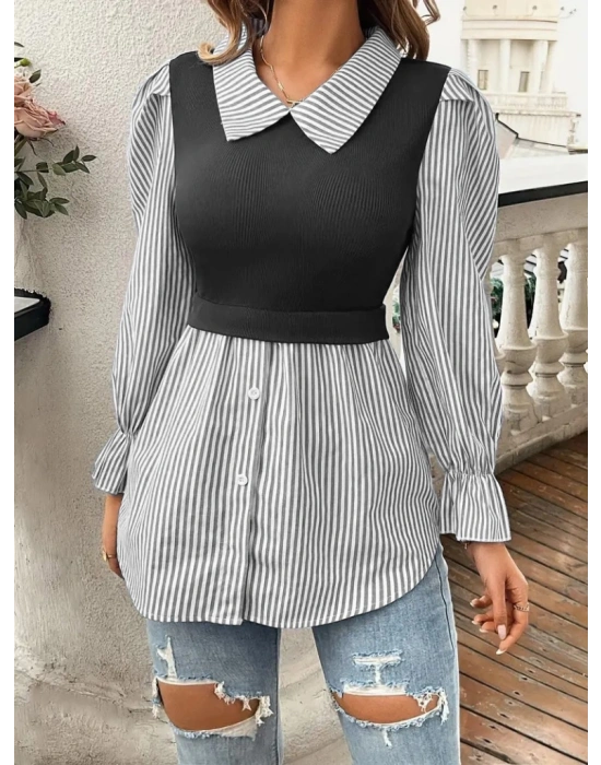 Kadın Uzun Kollu Yakalı önden Düğmeli Ottoman Bluz