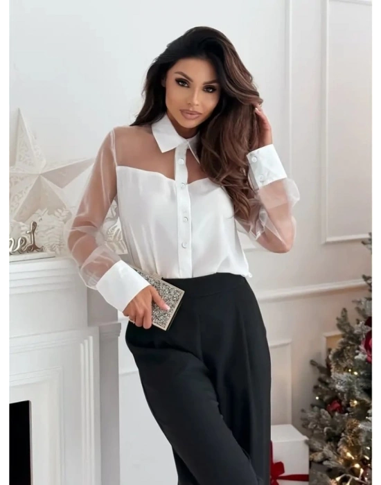 Kadın Uzun Kollu Yakalı önden Düğmeli Tül Detaylı Dokuma Viskon Bluz