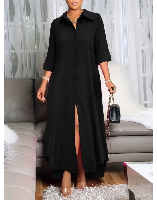 Kadın Uzun Kollu Yakalı önden Düğmeli Uzun Dokuma Elbise