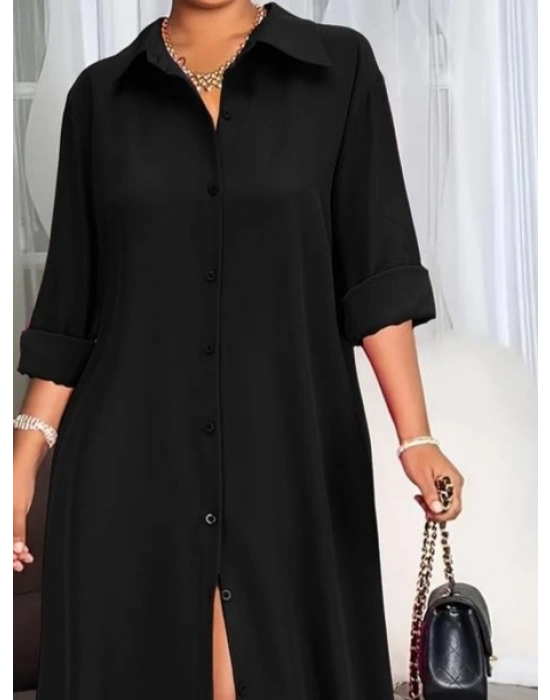 Kadın Uzun Kollu Yakalı önden Düğmeli Uzun Dokuma Elbise