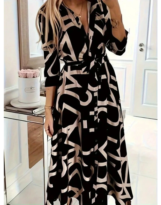 Kadın Uzun Kollu Yakalı önden Düğmeli Uzun Süprem Elbise