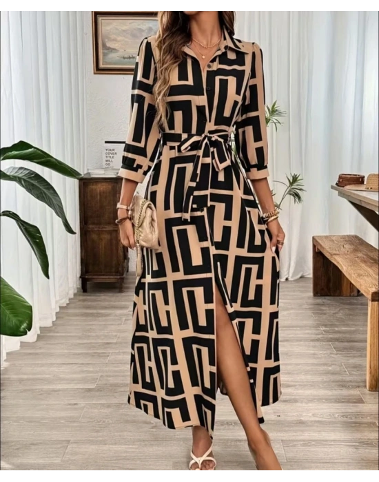 Kadın Uzun Kollu Yakalı önden Düğmeli Uzun Süprem Elbise