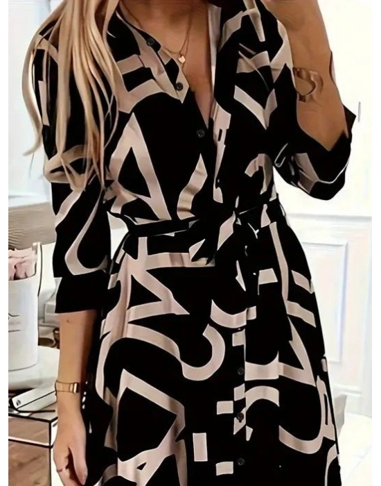 Kadın Uzun Kollu Yakalı önden Düğmeli Uzun Süprem Elbise