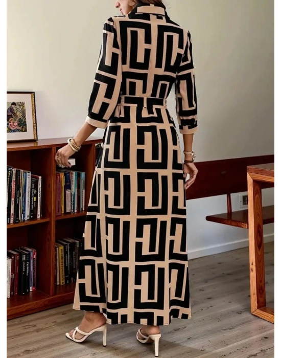 Kadın Uzun Kollu Yakalı önden Düğmeli Uzun Süprem Elbise