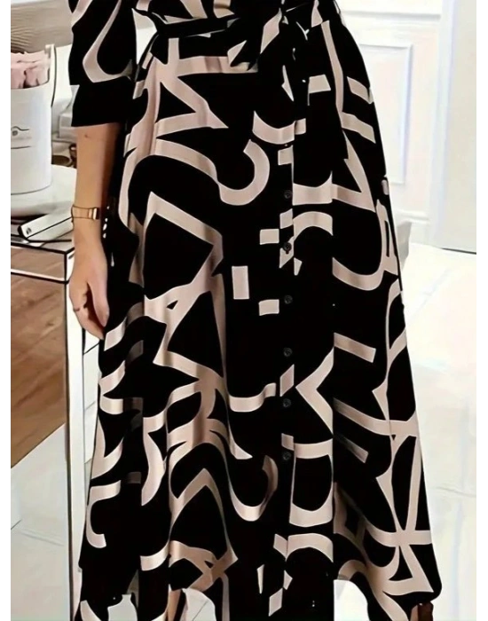 Kadın Uzun Kollu Yakalı önden Düğmeli Uzun Süprem Elbise