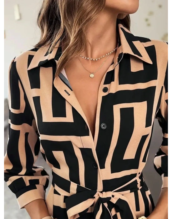 Kadın Uzun Kollu Yakalı önden Düğmeli Uzun Süprem Elbise