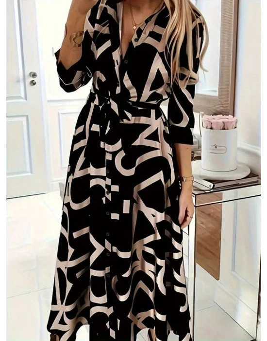 Kadın Uzun Kollu Yakalı önden Düğmeli Uzun Süprem Elbise